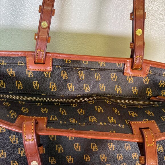 Dooney & Bourke Guetta Large Tote Bag Brown Tan Trim Leather DB Logo Monogram - Picture 3 of 15
